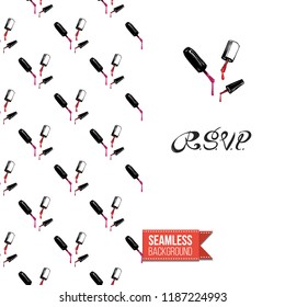 Funny greeting card with manicure pattern for girl, woman. Fashion nail art background and text: rsvp. Vector template with seamless backdrop and motivation quote. Watercolor style graphic.