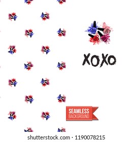Funny greeting card with manicure pattern for girl, woman. Fashion nail art background and text: xoxo. Vector template with seamless backdrop and motivation quote. Watercolor style graphic.