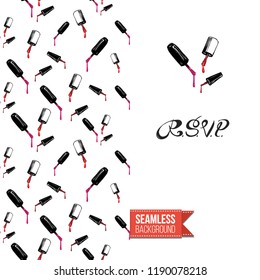 Funny greeting card with manicure pattern for girl, woman. Fashion nail art background and text: rsvp. Vector template with seamless backdrop and motivation quote. Watercolor style graphic.