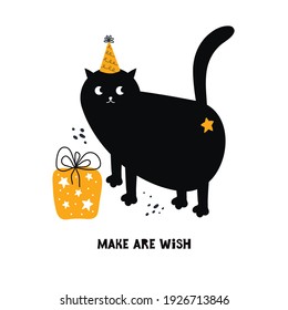 Funny greeting card with the text make a wish and a cute black cat in a festive hat and a gift. Holiday illustration with a cartoon animal character for birthday, new year, christmas, anniversary