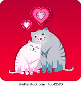 Funny greeting card with two cats sitting together with the little hearts. Red color.