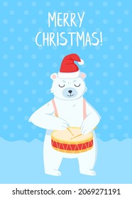 Funny greeting card with white polar bear celebrating christmas in cartoon style.