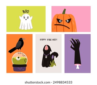 Funny greeting cards with various halloween characters authors work