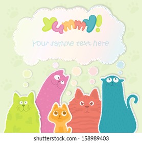 Funny greeting/promo card with colorful cats, paper stylized