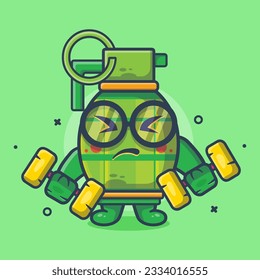 mascota de personaje de arma de granada divertida haciendo construcción de cuerpos usando dibujos animados aislados de dumbbell en diseño de estilo plano