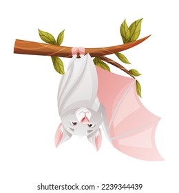 Funny Grey Bat with Cute Snout Hanging Upside Down on Tree Branch Vector Illustration