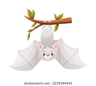 Funny Grey Bat with Cute Snout Hanging Upside Down on Tree Branch Vector Illustration