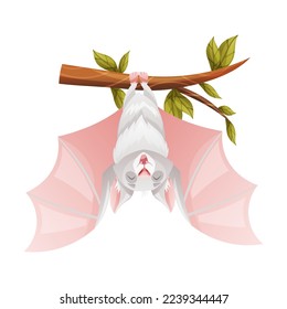 Funny Grey Bat with Cute Snout Hanging Upside Down on Tree Branch Vector Illustration