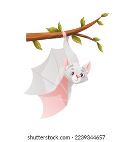 Funny Grey Bat with Cute Snout Hanging Upside Down on Tree Branch Vector Illustration