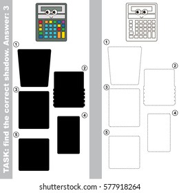 Funny Grey Calculator with different shadows to find the correct one, compare and connect object with it true shadow, the educational kid game with simple gaming level.