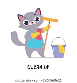 Funny Grey Cat with Brush Clean Up as English Verb for Educational Activity Vector Illustration