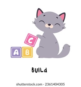 Funny Grey Cat Build with Toy Blocks as English Verb for Educational Activity Vector Illustration