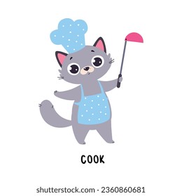 Funny Grey Cat Chef Cook as English Verb for Educational Activity Vector Illustration
