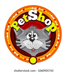 Funny grey cat in front of logotype. Petshop orange round logo. Signboard of shop for animals