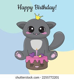 Funny grey cat with his birthday cake