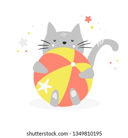 Funny grey cat hugging a beach ball. Suitable for prints, childish t-shirts, books, textile