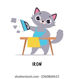 Funny Grey Cat Iron Clothes as English Verb for Educational Activity Vector Illustration