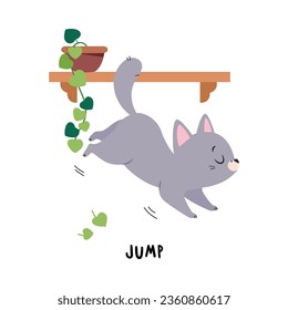 Funny Grey Cat Jump as English Verb for Educational Activity Vector Illustration