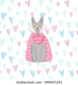 Funny grey cat in king coat with pink heart for Valentine day. Vector hand-drawn illustration for February, 14 with seamless pattern on the background.