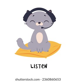 Funny Grey Cat Listen Sitting in Headphones as English Verb for Educational Activity Vector Illustration