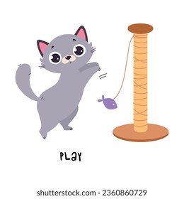 Funny Grey Cat Play with Fish Toy as English Verb for Educational Activity Vector Illustration