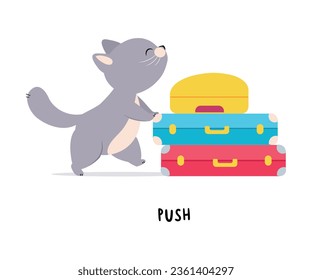 Funny Grey Cat Push Suitcases as English Verb for Educational Activity Vector Illustration