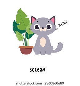 Funny Grey Cat Scream Meow Sound as English Verb for Educational Activity Vector Illustration