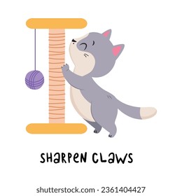 Funny Grey Cat Sharpen Claws at Scratching Post as English Verb for Educational Activity Vector Illustration