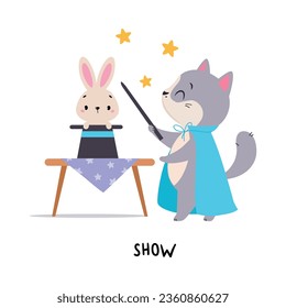 Funny Grey Cat Show Magician Trick with Bunny and Hat as English Verb for Educational Activity Vector Illustration