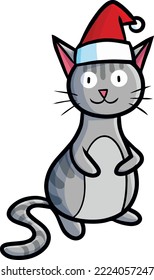 Funny grey cat standing and wearing santa's hat