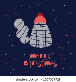 Funny grey cat with a stripes wear a winter hat. Cute pet on a dark blue background with colorful confetti. Merry christmas lettering. Design for invitation, card  - Vector
