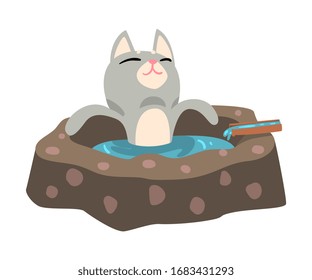 Gracioso gato gris toma un baño Onsen al aire libre, animal de mascota que disfruta del procedimiento de spa Ejemplo de vector