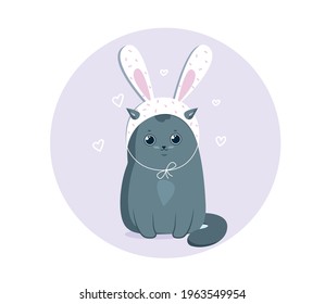 Funny Grey Cat In A White Easter Bunny Hat