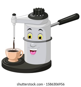 Funny Grey Coffee Maker With Brown Cup Cartoon