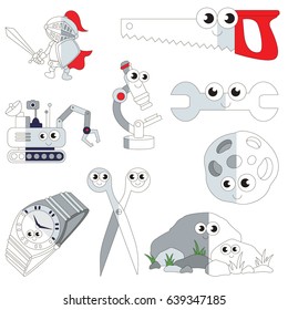 Funny Grey Color Objects, the big collection coloring book to educate preschool kids with easy gaming level, the kid educational game to color the colorless half by sample.
