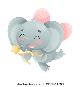 Funny Grey Elephant with Large Ear Flaps and Trunk Flying with Wings and Magic Wand Vector Illustration