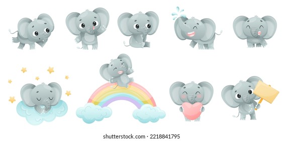 Funny Grey Elephant with Large Ear Flaps and Trunk Enjoying Different Activity Vector Set
