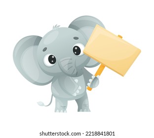 Funny Grey Elephant with Large Ear Flaps and Trunk Holding Empty Banner or Signboard Vector Illustration