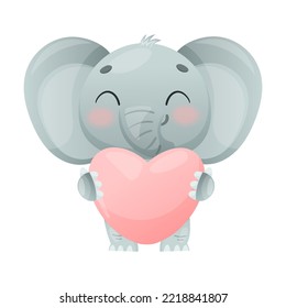 Funny Grey Elephant with Large Ear Flaps and Trunk Holding Pink Heart Vector Illustration