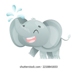 Funny Grey Elephant with Large Ear Flaps and Trunk Sprinkling Water Vector Illustration