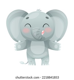 Funny Grey Elephant with Large Ear Flaps and Trunk Standing and Smiling Vector Illustration
