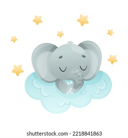 Funny Grey Elephant with Large Ear Flaps and Trunk Sleeping on Cloud Vector Illustration