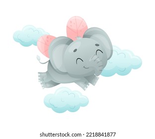 Funny Grey Elephant with Large Ear Flaps and Trunk Flying Above Cloud with Wings Vector Illustration