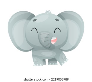 Funny Grey Elephant with Large Ear Flaps and Trunk Standing and Smiling Vector Illustration