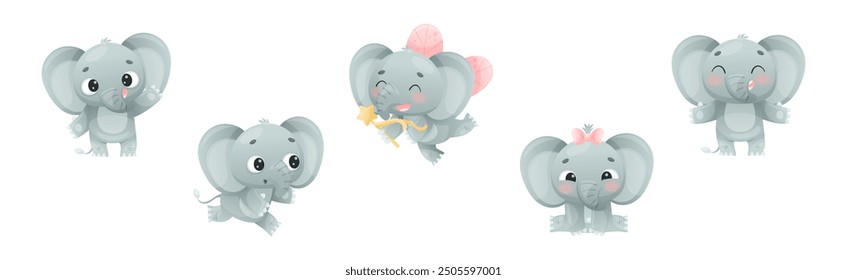 Funny Grey Elephant with Large Ear Flaps and Trunk Enjoying Different Activity Vector Set