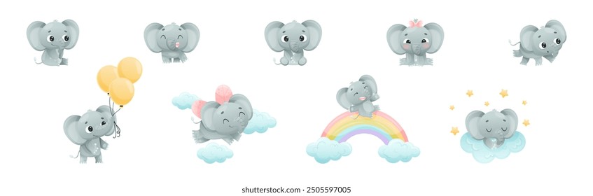 Funny Grey Elephant with Large Ear Flaps and Trunk Enjoying Different Activity Vector Set