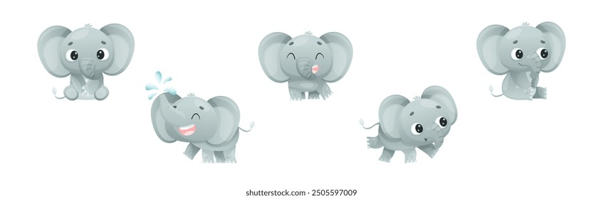 Funny Grey Elephant with Large Ear Flaps and Trunk Enjoying Different Activity Vector Set