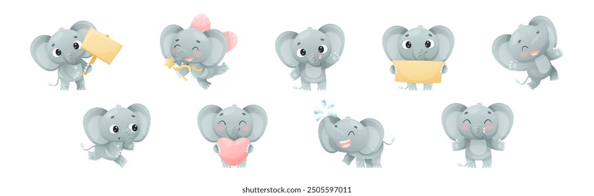 Funny Grey Elephant with Large Ear Flaps and Trunk Enjoying Different Activity Vector Set