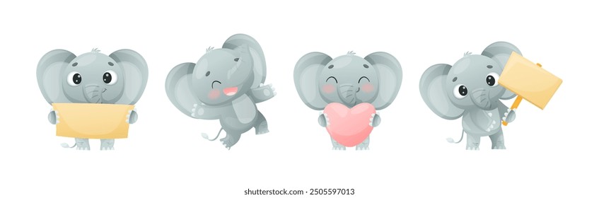 Funny Grey Elephant with Large Ear Flaps and Trunk Enjoying Different Activity Vector Set