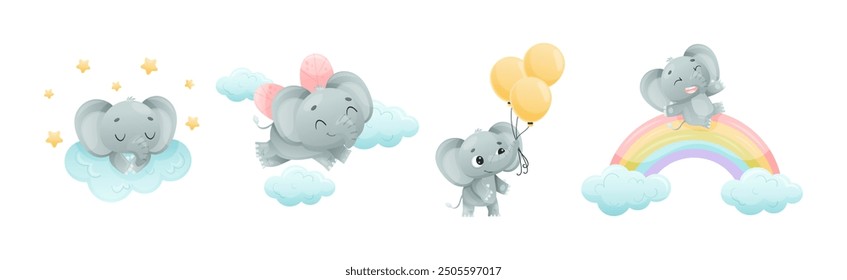 Funny Grey Elephant with Large Ear Flaps and Trunk Enjoying Different Activity Vector Set